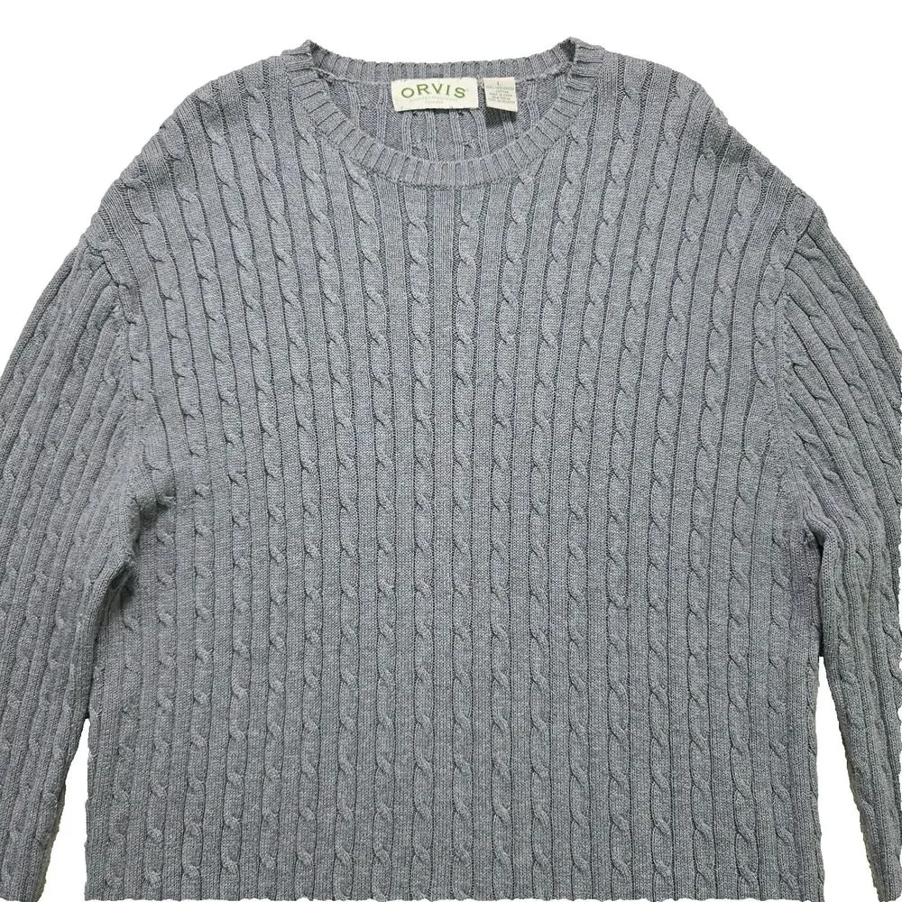 Orvis 100% Cotton Gray Cable Knit Sweater Men's Size Large